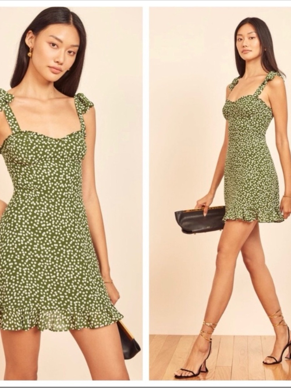 Reformation Christine Olive Green Polka Dot Mini Dress